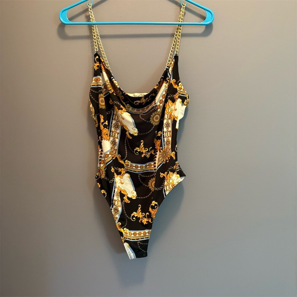 Vine & Valley Bodysuit Womens Size S Black Gold Baroque Paisley Cowl Neck